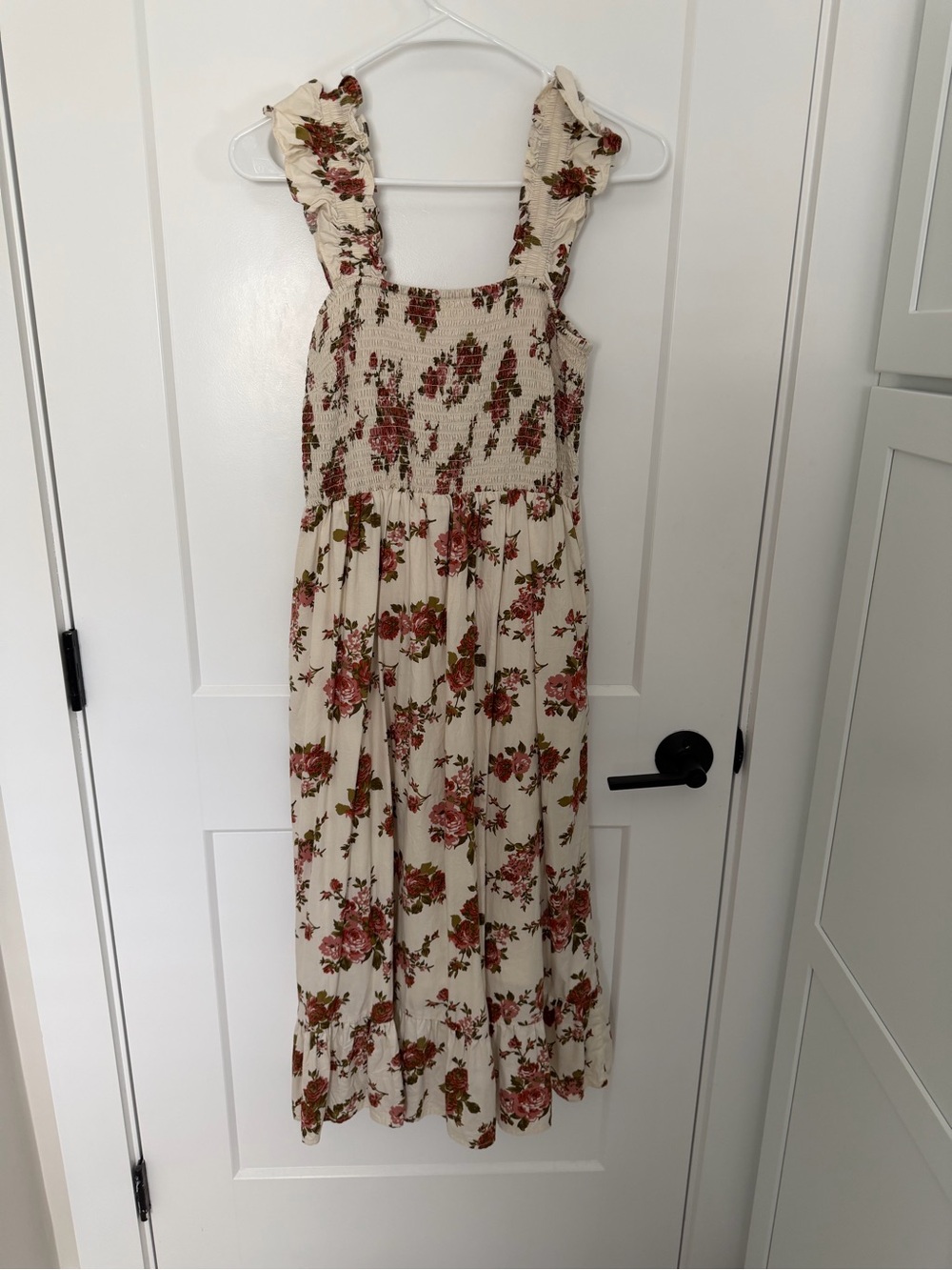 The Drop Cream Floral Smocked Top Sundress with Pink Rose Print